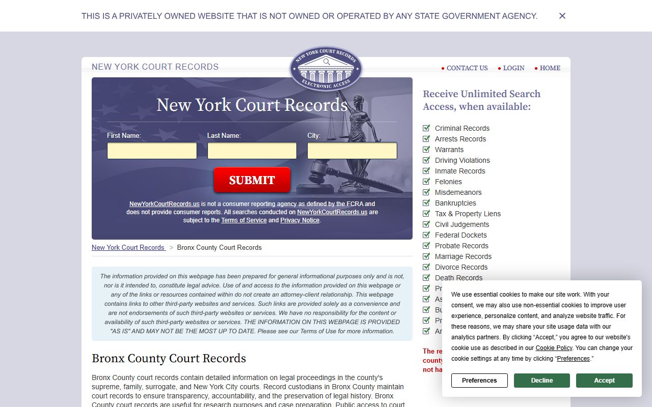 Bronx County Court Records search portal for probate court records