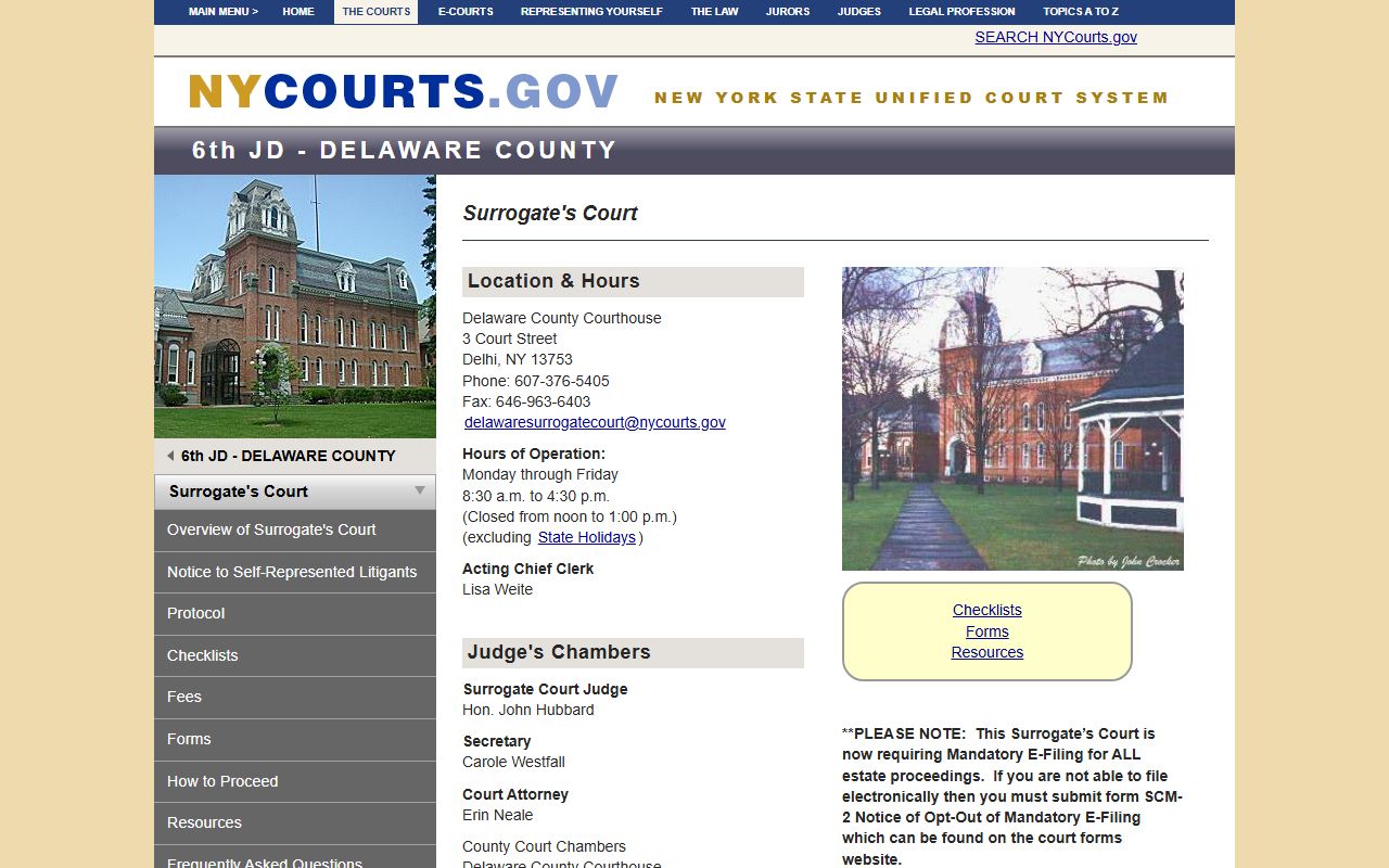 Delaware County Surrogate's Court information page showing court details and contact information