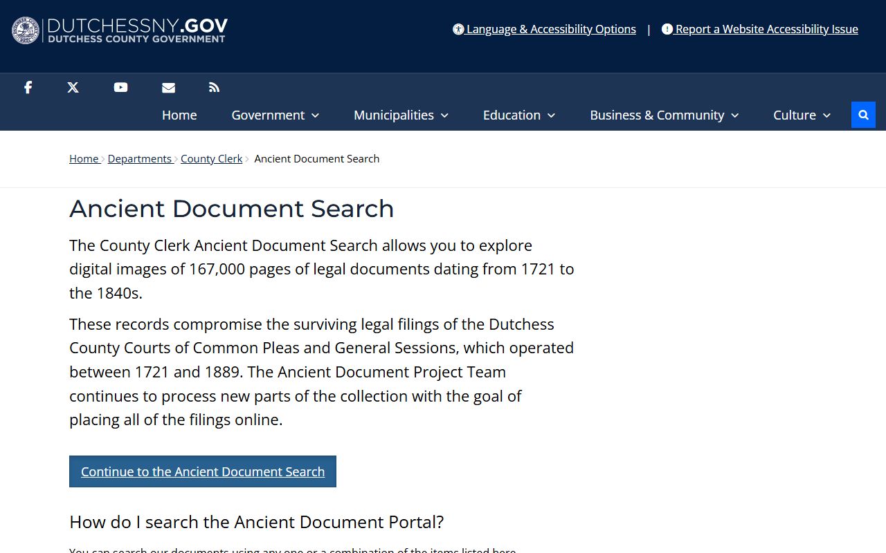 Dutchess County Archives ancient document search page for historical probate court records