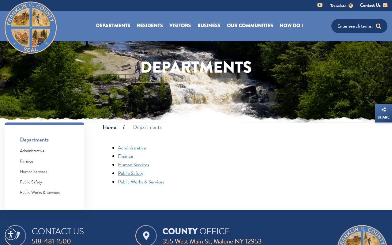 Franklin County departments page showing government offices and court services