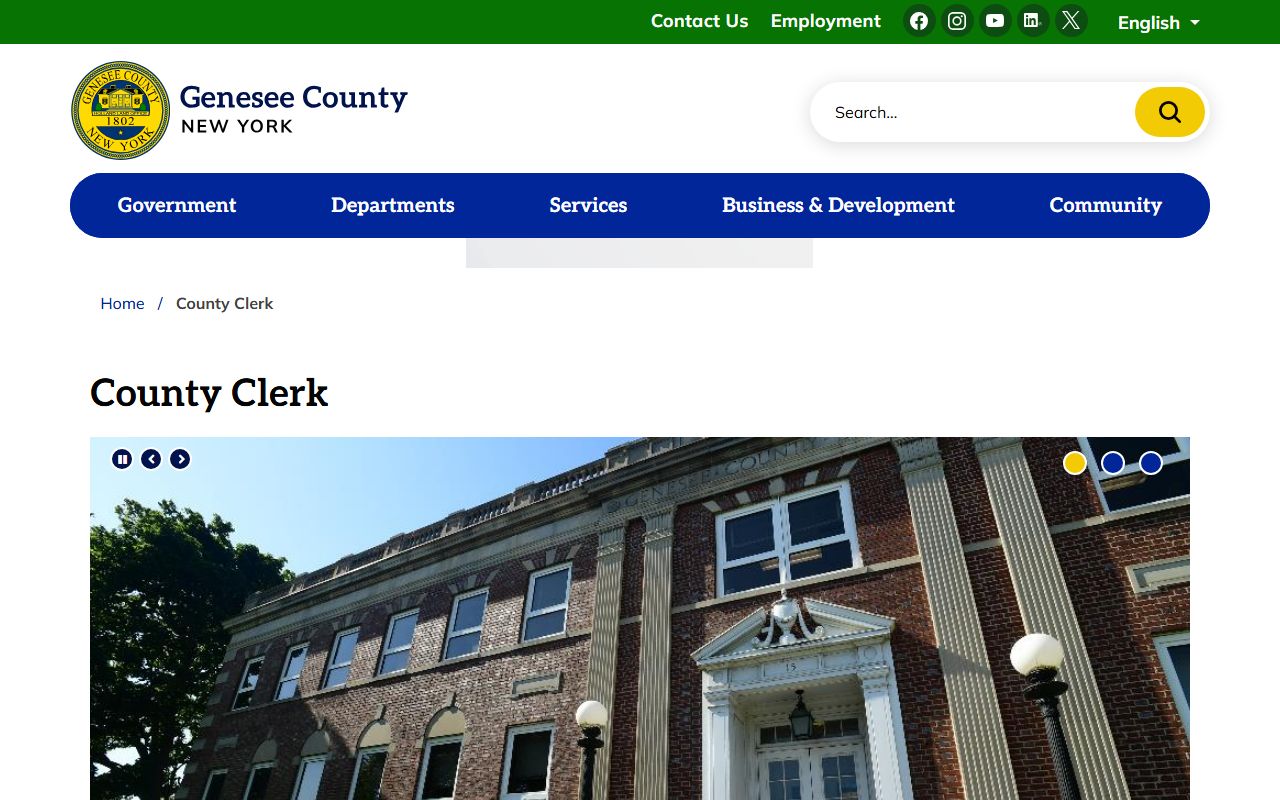 Genesee County Clerk office page showing services and contact information for records searches
