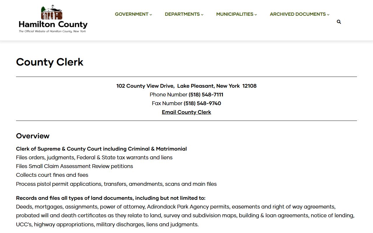 Hamilton County Clerk office page showing online document search and contact information