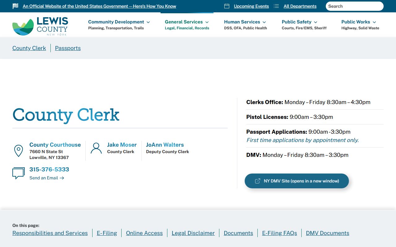Lewis County Clerk website showing e-recording and online access information for probate court records research