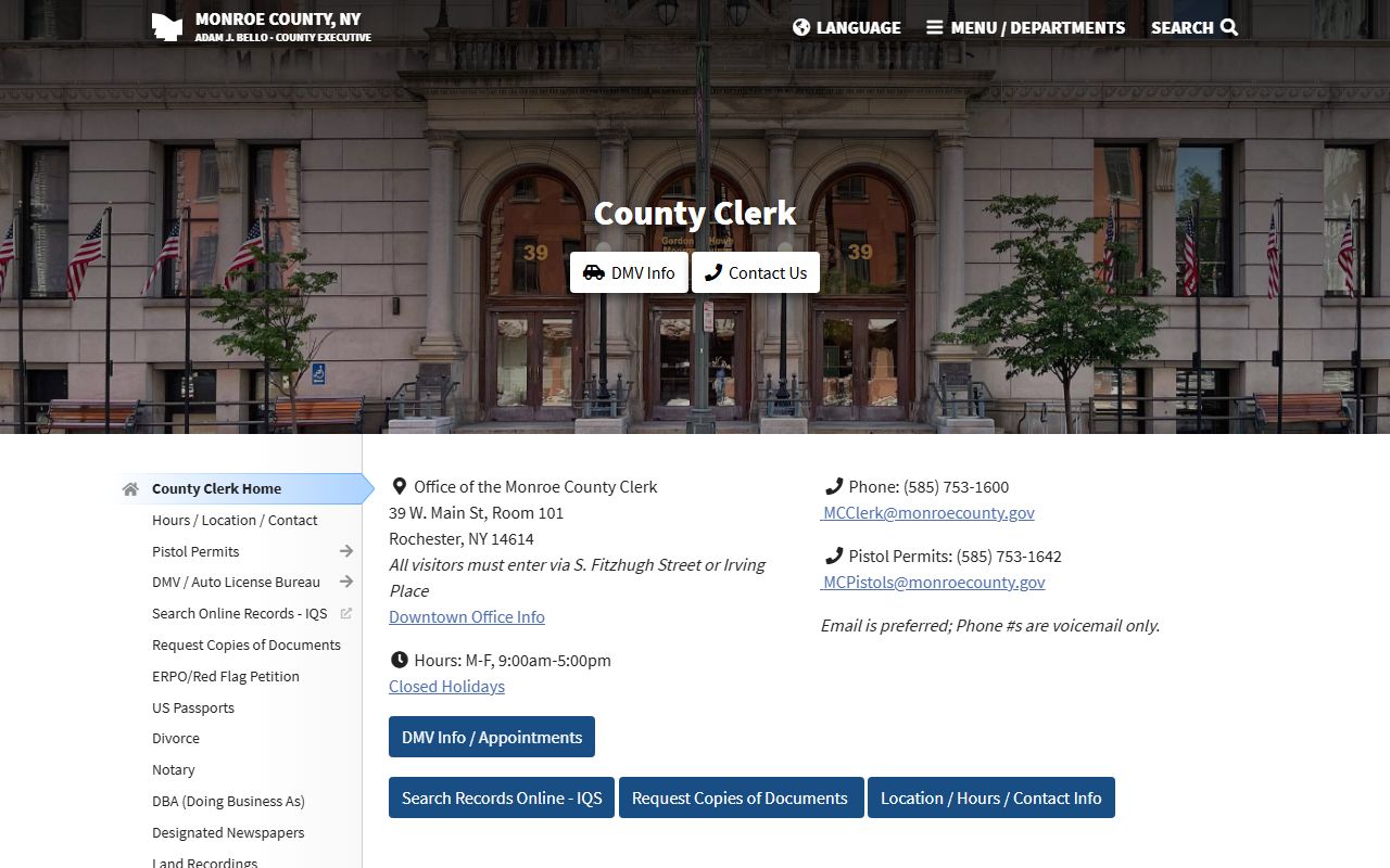 Monroe County Clerk website showing office information and services for probate court records research in Rochester