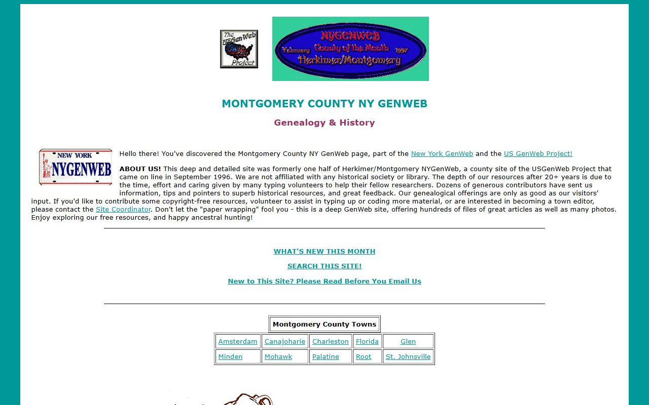 Montgomery County NYGenWeb page showing genealogical resources including wills and deeds for probate court records research