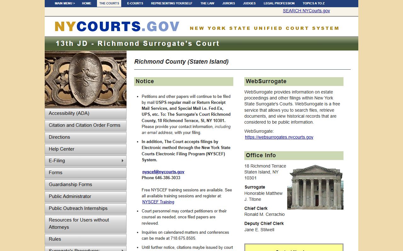 Richmond County Surrogate's Court information for probate court records on Staten Island