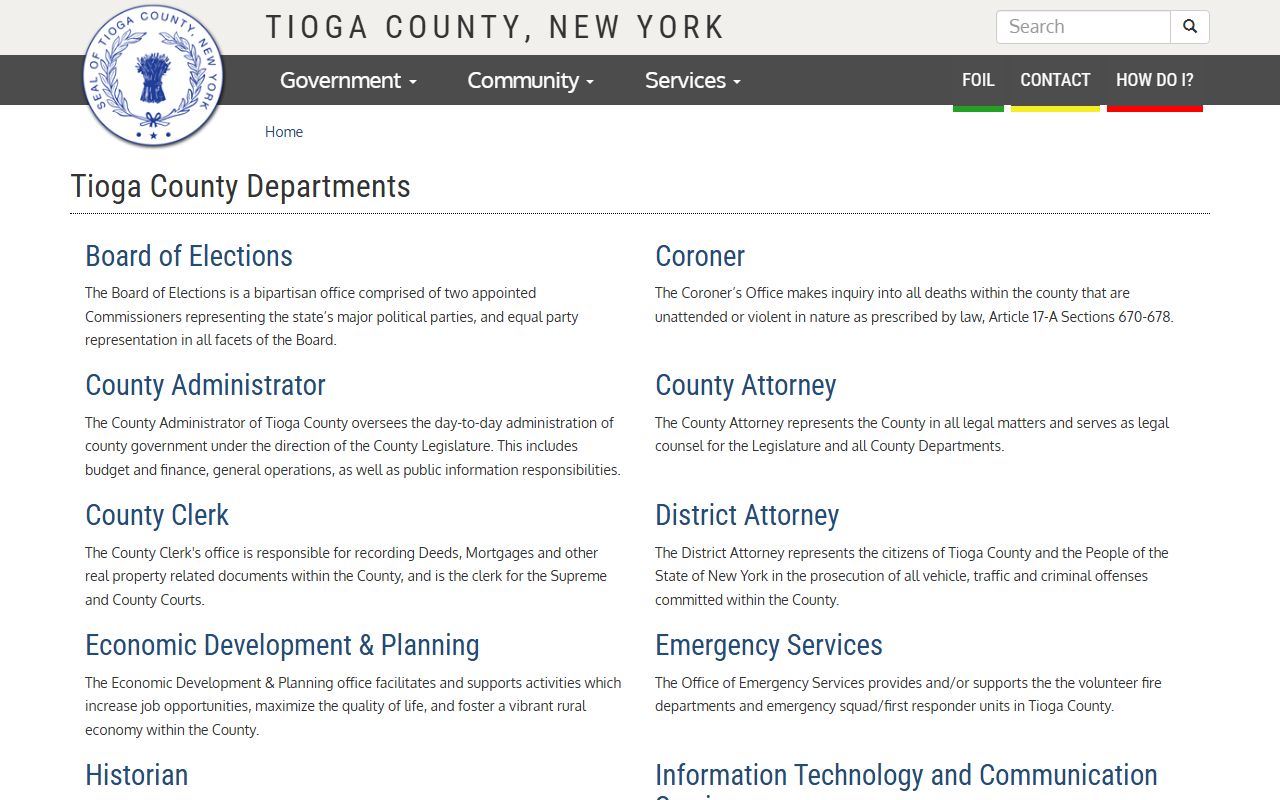 Tioga County government departments page showing court and records access