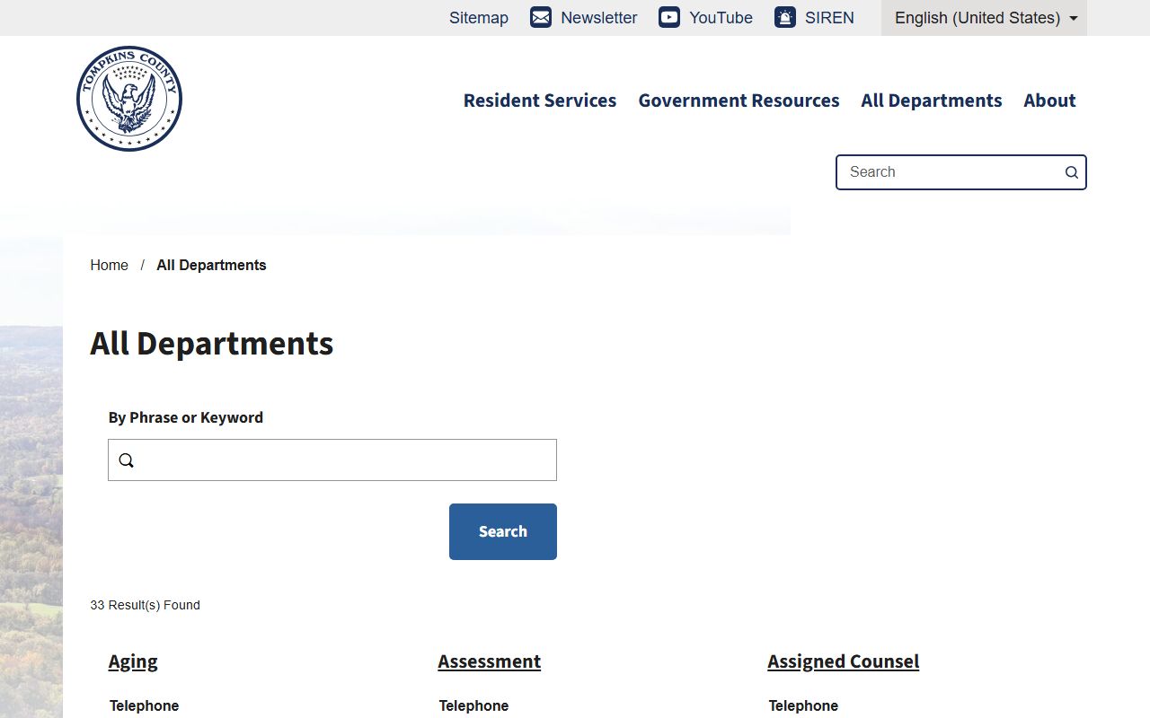 Tompkins County government departments page showing court and records access