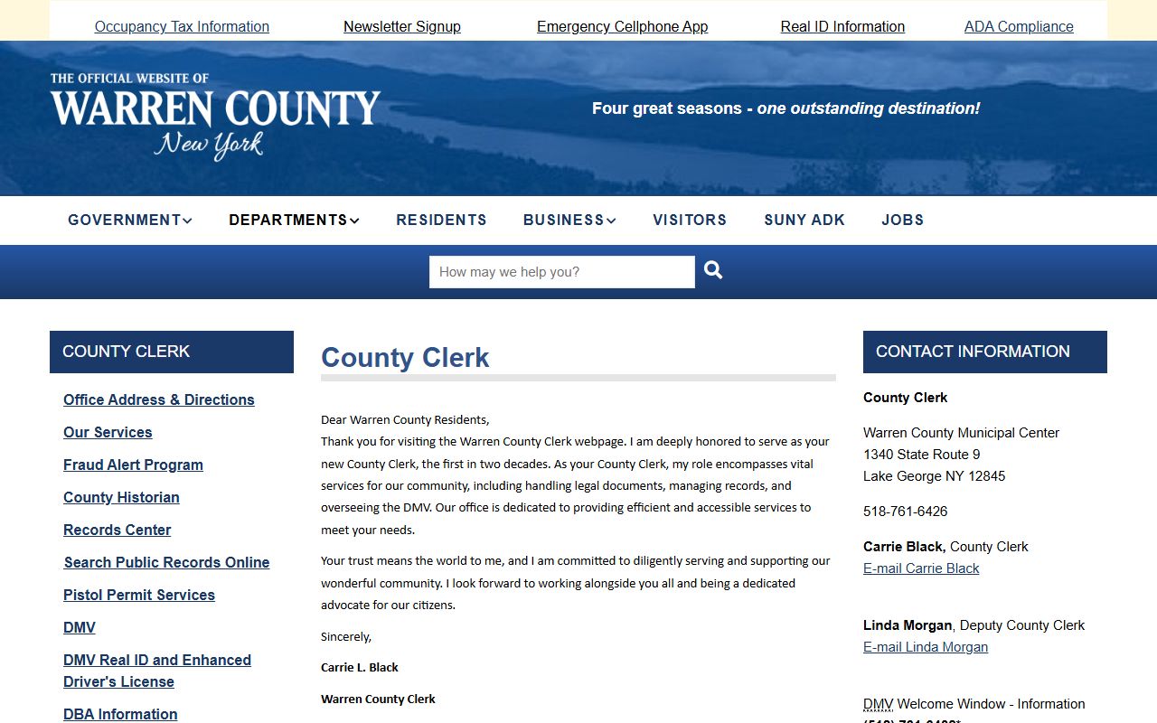 Warren County Clerk website showing records access and county services