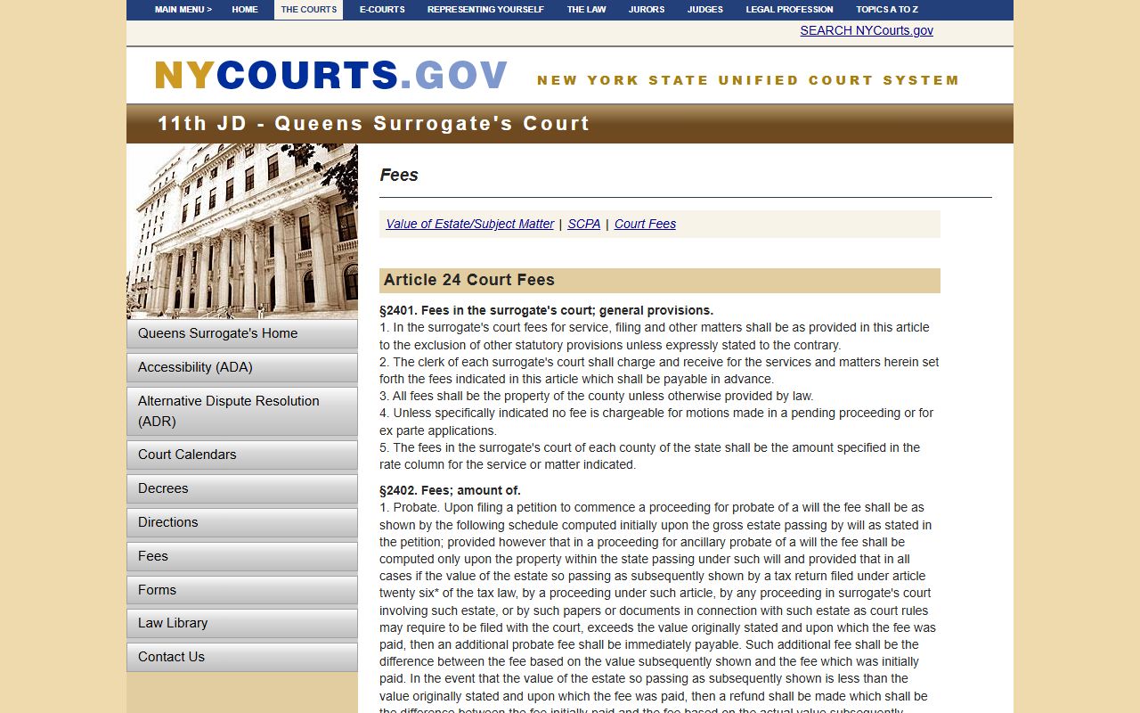 NYS Surrogate Court fee schedule for probate court records